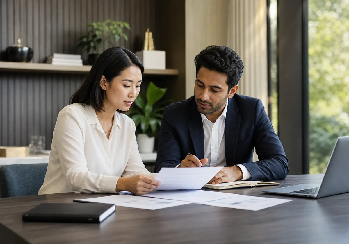 Two professionals reviewing business plans during a meeting