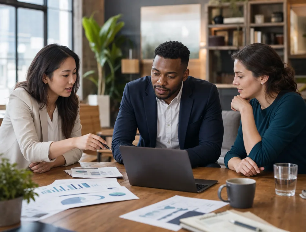 Three professionals studying business performance information around a laptop