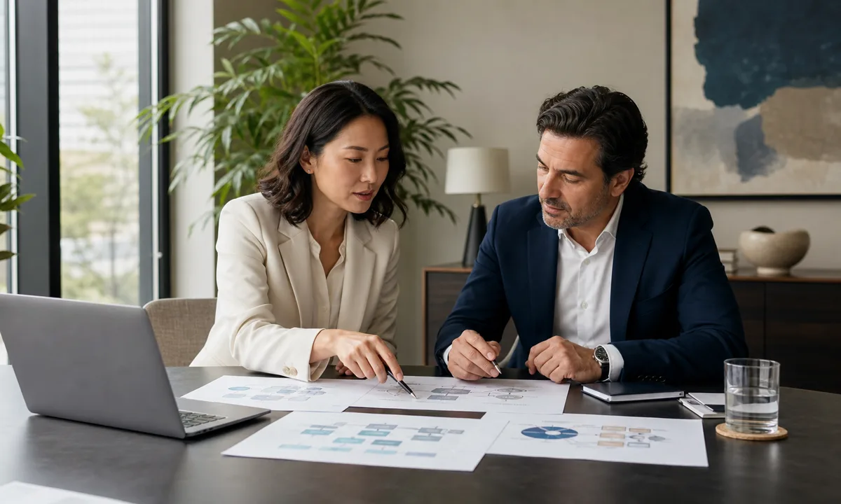 Two professionals reviewing operational planning diagrams at a table